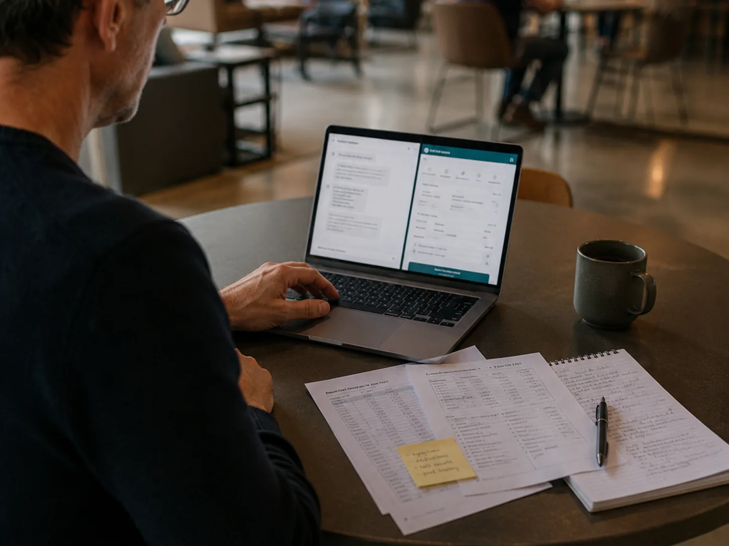 A man in a café reviewing his health records on his laptop, printed results and notes beside him