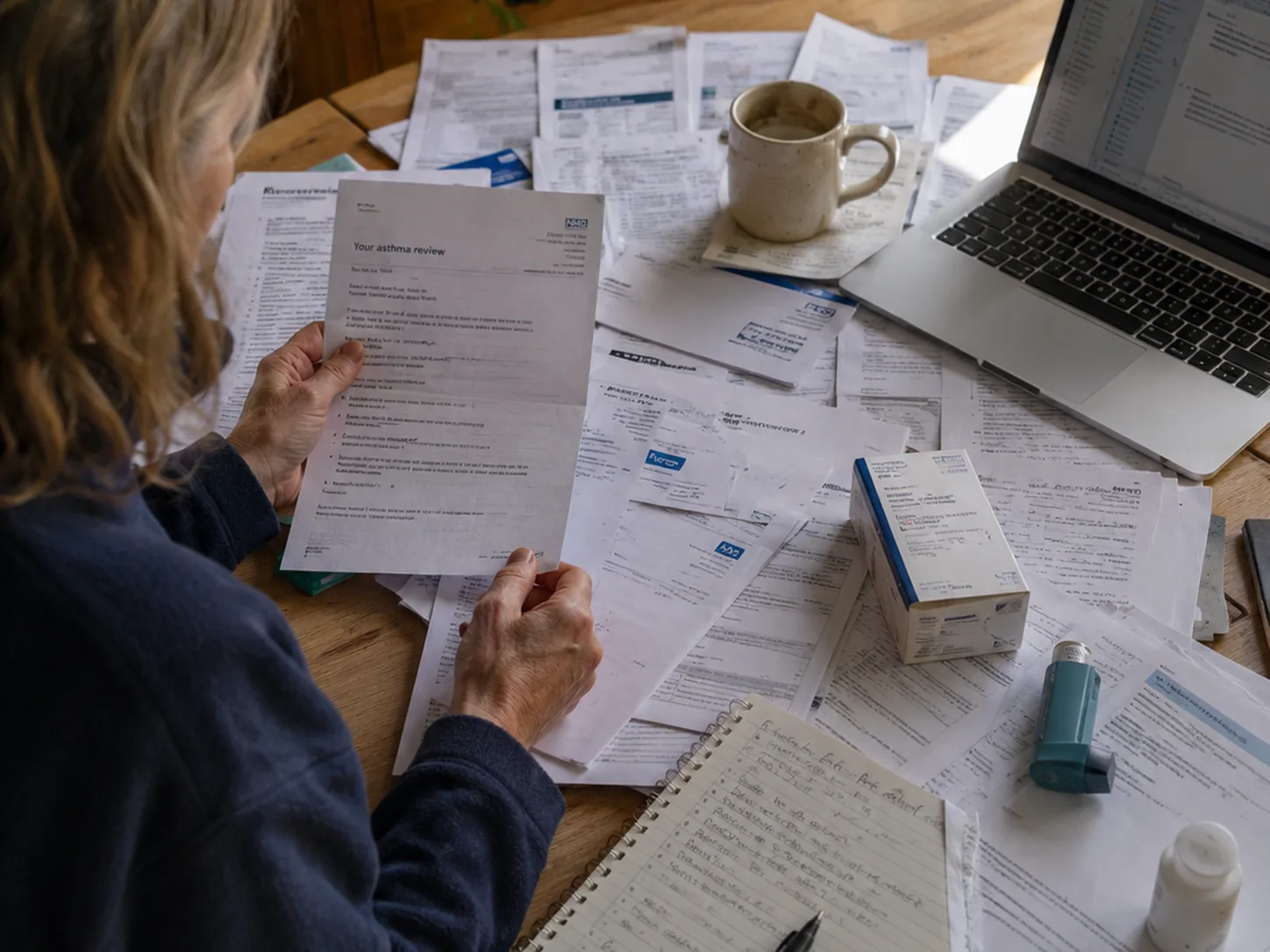 A woman at her table reading an NHS letter, surrounded by scattered paper records, a laptop and an inhaler