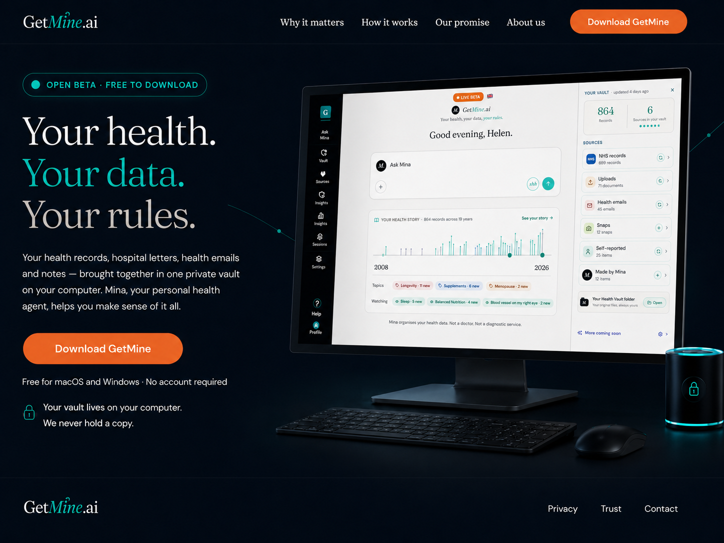 GetMine desktop health vault showing Ask Mina, Health Story and connected health sources.